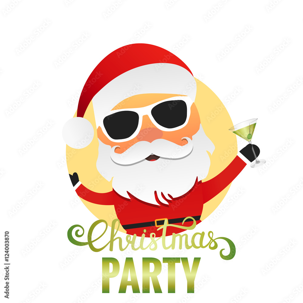 Christmas Party. Santa Claus cartoon character with cocktail and sunglasses. Merry Christmas illustration Christmas Party. Santa Claus cartoon character with cocktail and sunglasses. Merry Christmas illustration