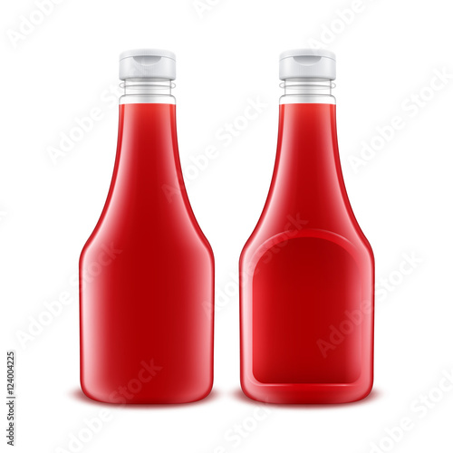 Set of Blank Glass Plastic Red Tomato Ketchup Bottle for Branding without label Isolated on White Background