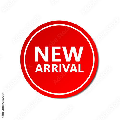New arrival sticker. Commercial red offer label. Vector isolated illustration.