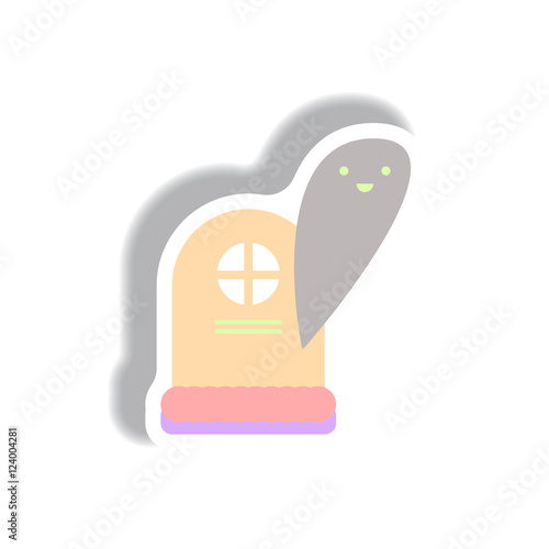 Vector illustration paper sticker Halloween icon grave monument and ghost