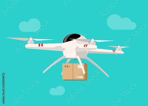 Drone flying in sky with parcel box vector illustration, concept of packaging delivery via drone technology flat cartoon style