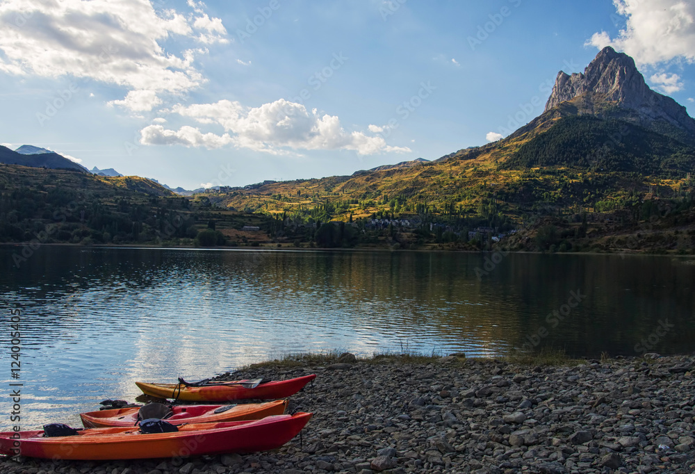 pirogue in Lanuza reservoir near Sallent de Gallego in Spain Pyrenees