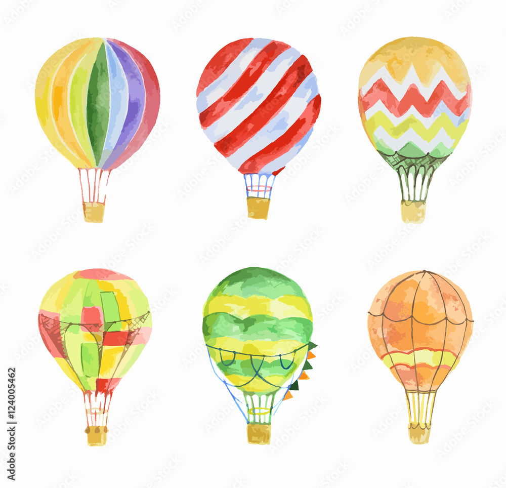 Watercolor hot air balloons set on white background. Beautiful and colorful balloons for decoration for holidays. Concept of travelling.