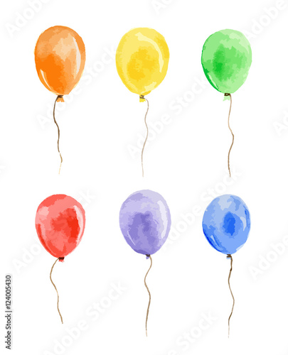 Watercolor balloons set on white background. Beautiful and colorful balloons for decoration for holidays.