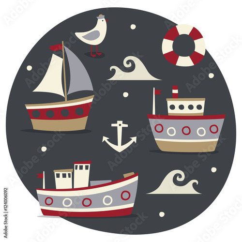 Marine cute set made with boats, ships, water, lifeline, seagull, sea and anchor