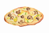 Isolated watercolor pizza on white background. Tasty italian snack or street food. Italian cuisine. Pizza with mushrooms.