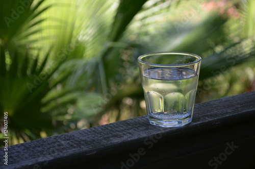Ice cold water cup on the exotic background
