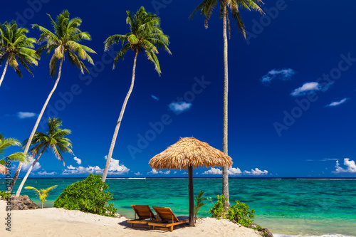 Fototapeta Naklejka Na Ścianę i Meble -  Two beach chair under umbrella with palm trees, Samoa