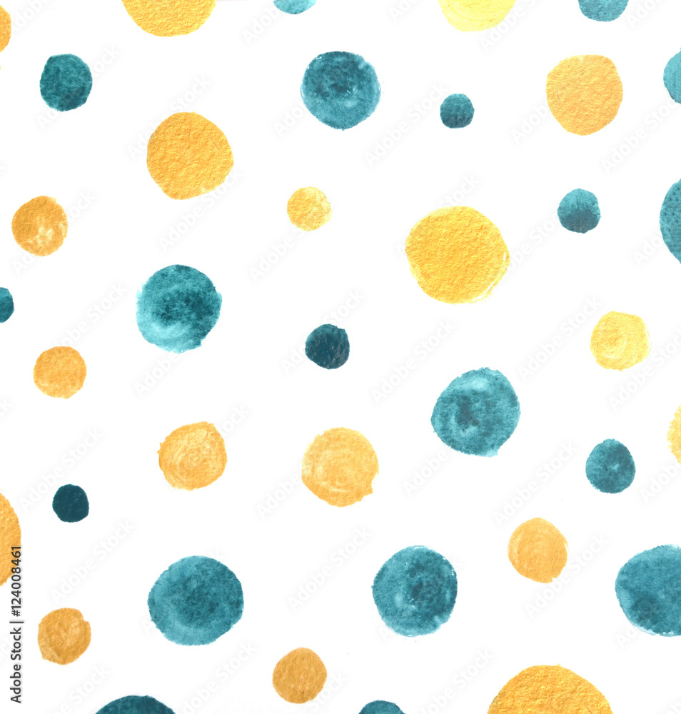 Fototapeta premium Hand painted polka dot pattern. Abstract colorful watercolor background shapes in green and gold.