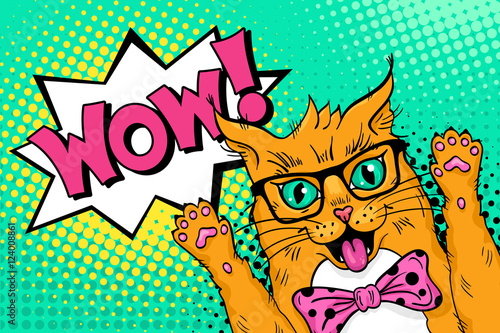 Wow pop art cat face. Funny surprised red cat in glasses and bow tie with open mouth rising his paws up. Vector colorful illustration in retro comic style. Vector pop art background.