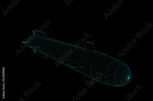 Rocket in Hologram Wireframe Style. Nice 3D Rendering 