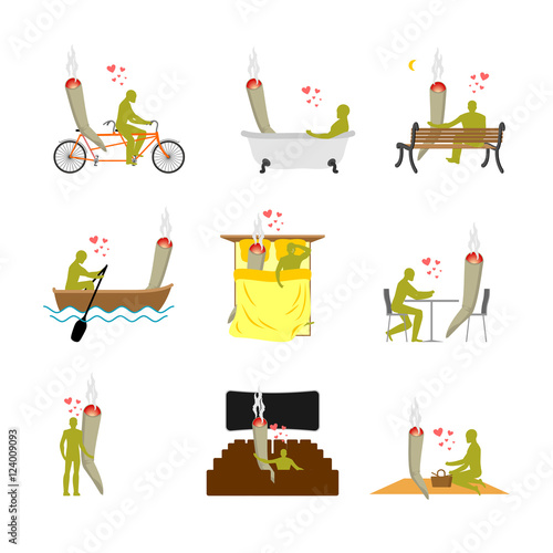 Lover joint or spliff set. addict on picnic. Man and smoking dru