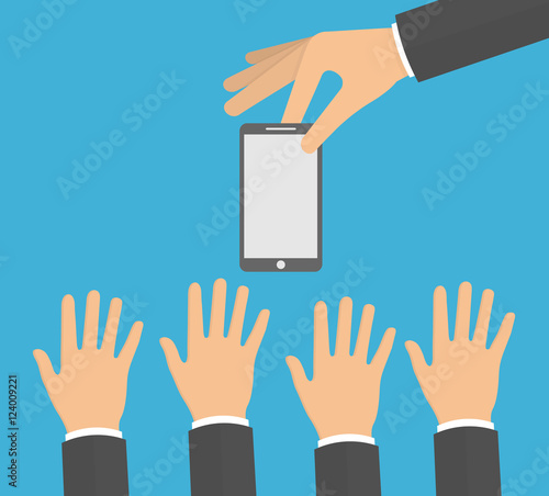 Hands trying to reach a smartphone