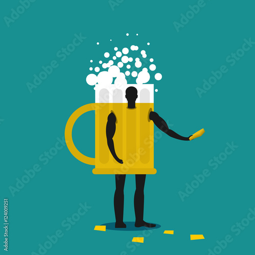 Mug of beer mascot man promoter. Male in suit drinking tankard d