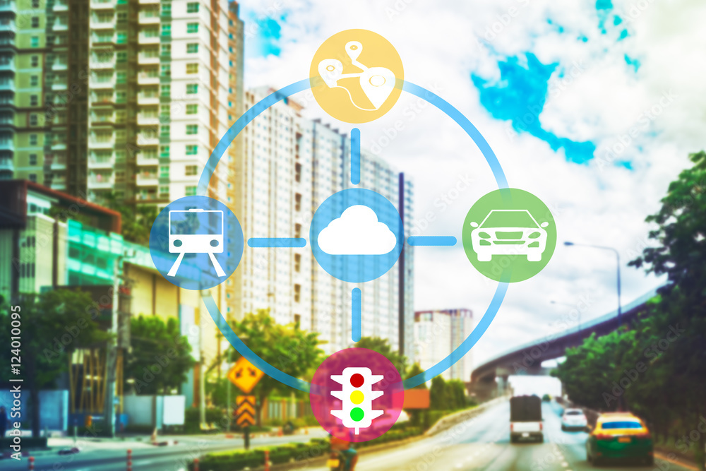 Smart transportation concept. Sharing economy and collaborative consumption. Transportation icons connected to could system against abstract building and street background.