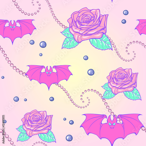 Kawaii Roses bats and pearl jewelry. Festive seamless pattern. Pastel goth palette. Cute girly gothic style art. EPS10 vector illustration