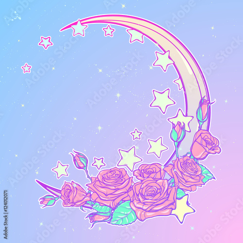 Kawaii Night sky composition with Roses bouquet, stars and moon crescent. Festive background or greeting card. Pastel goth palette. Cute girly gothic style art. EPS10 vector illustration