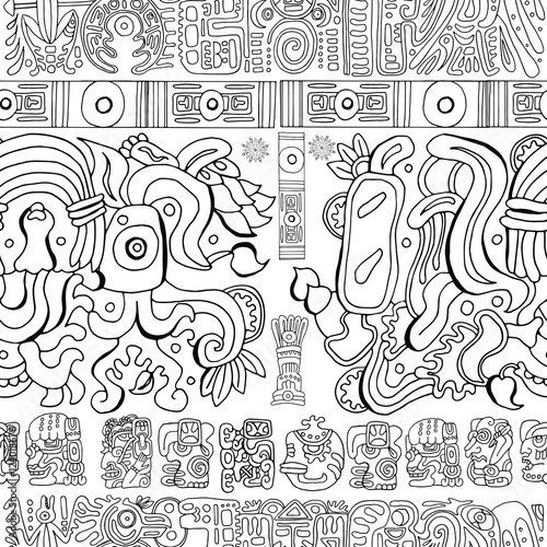Seamless background with mayan patterns and symbols on white