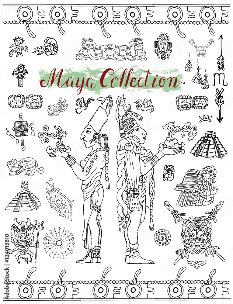 Set with Mayan mystic symbols, icons and indian people