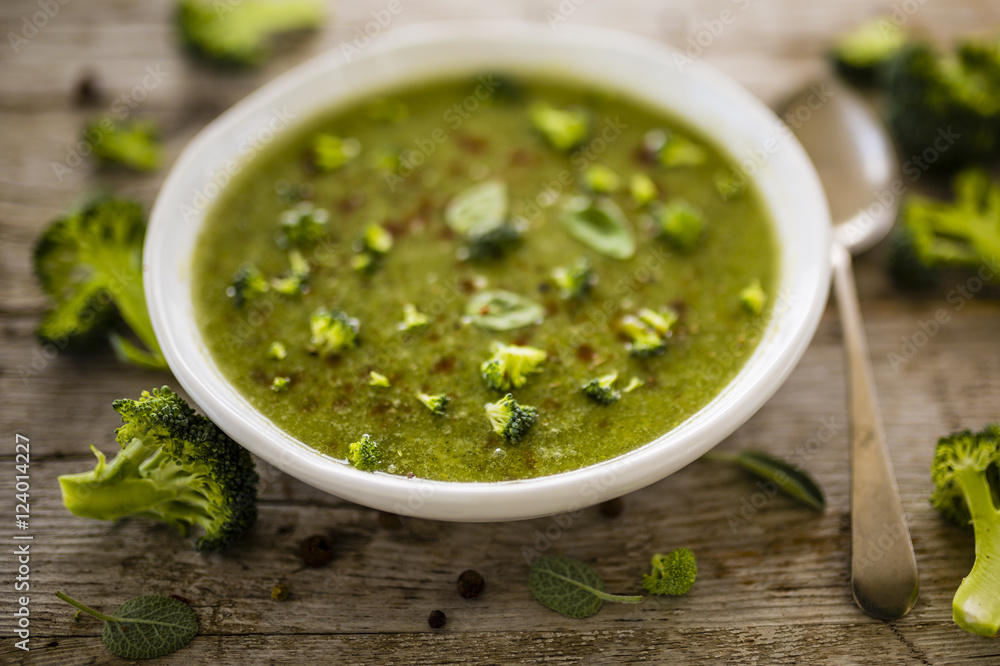 Delicious and healthy soup cream of broccoli. Vegetarian food. 