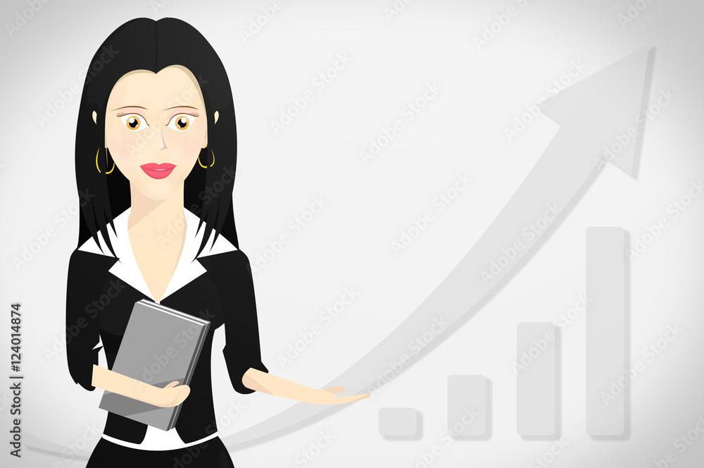 Business woman character formally dressed and holding a book with outstretched hand pointing to right . Business growth graph on sales background. Business woman character formally dressed and holding a book with outstretched hand pointing to right . Business growth graph on sales background.