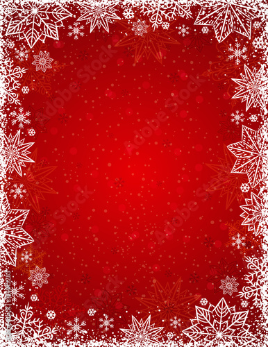 Red background with  frame of snowflakes and stars,  vector illu