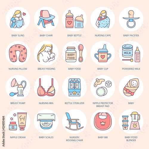 Modern vector line icon of breastfeeding, baby infant food. Breastfeeding elements - breast pump, woman, child, powdered milk, bottle sterilizer, baby. Breastfeeding pictogram editable stroke