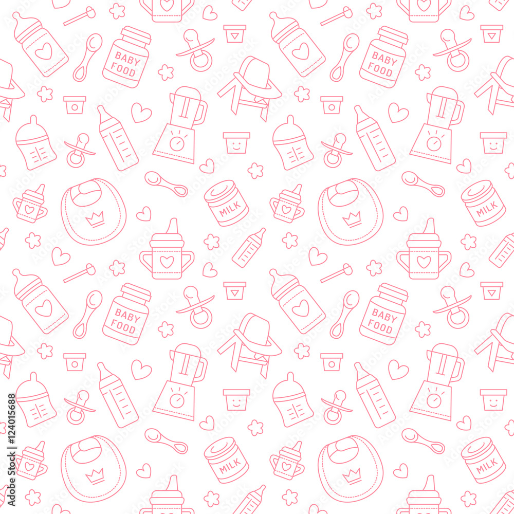 Seamless pattern baby food, pastel color, vector illustration. Infant  feeding thin line icons. Cute repeated pink texture, baby item for  packaging, baby shower card, fabric. Birthday invitation design Stock  Vector