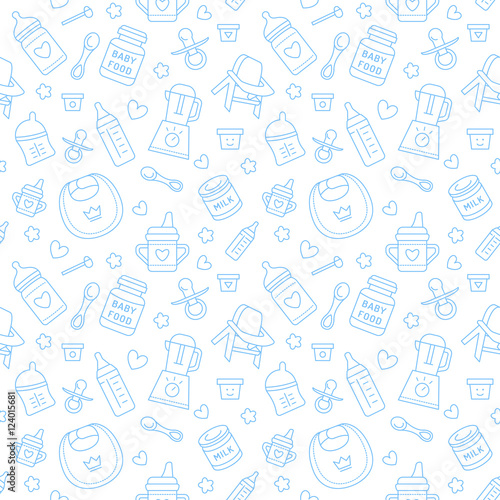 Seamless pattern baby food  pastel color  vector illustration. Infant feeding thin line icons. Cute repeated blue texture  baby item for packaging  baby shower card  fabric. Birthday invitation design