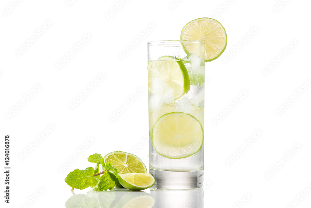 Full glass of water with lemon and mint isolated on white background Full glass of water with lemon and mint isolated on white background