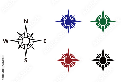 Nautical wind rose and compass icons set
