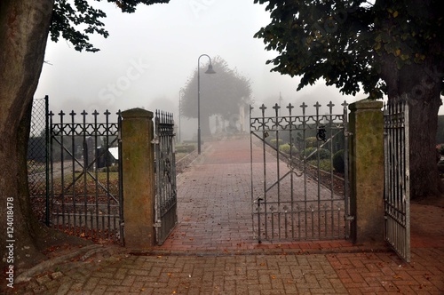 Trübe, neblige Fiedhofstimmung im November auf dem Friedhof photo