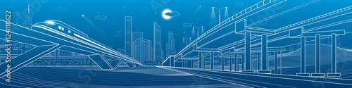 Automotive overpass, infrastructure and transportation illustration, transport flyover, highway, white lines urban scene, train move on the bridge, night city on background, vector design art