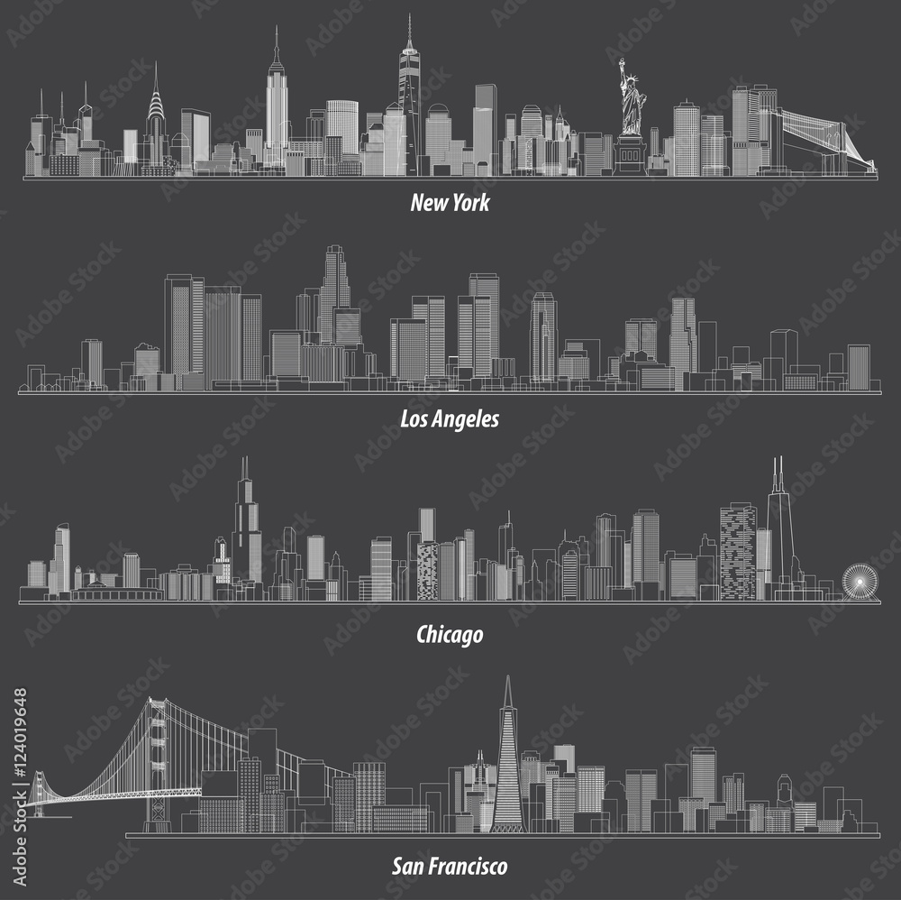 United States cities skylines in line art style. Vector illustrations