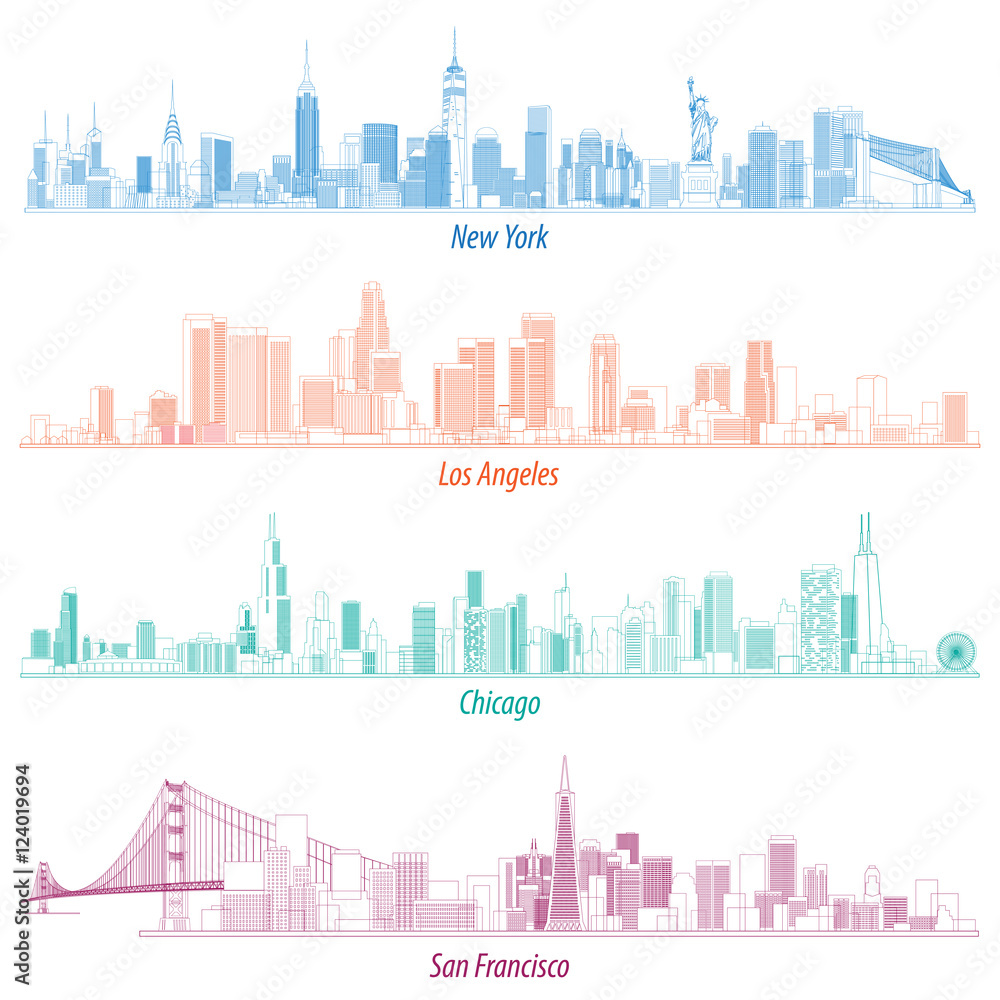 abstract illustrations of United States outlines city skylines