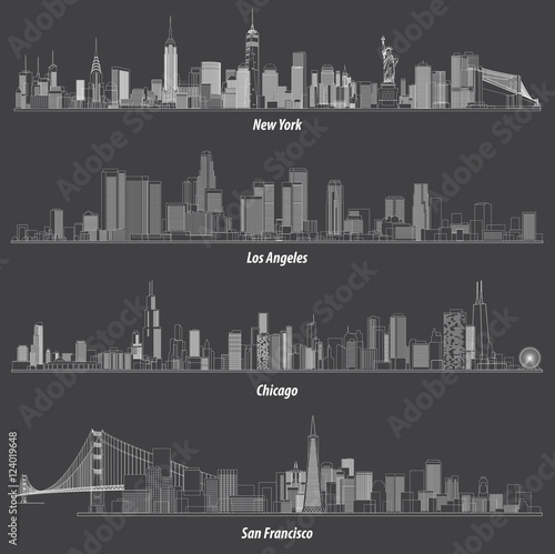 United States cities skylines in line art style. Vector illustrations