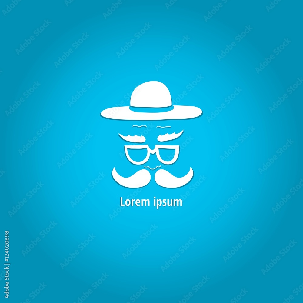 Logo with a man in a stylish hat with a mustache and glasses. Hand ...