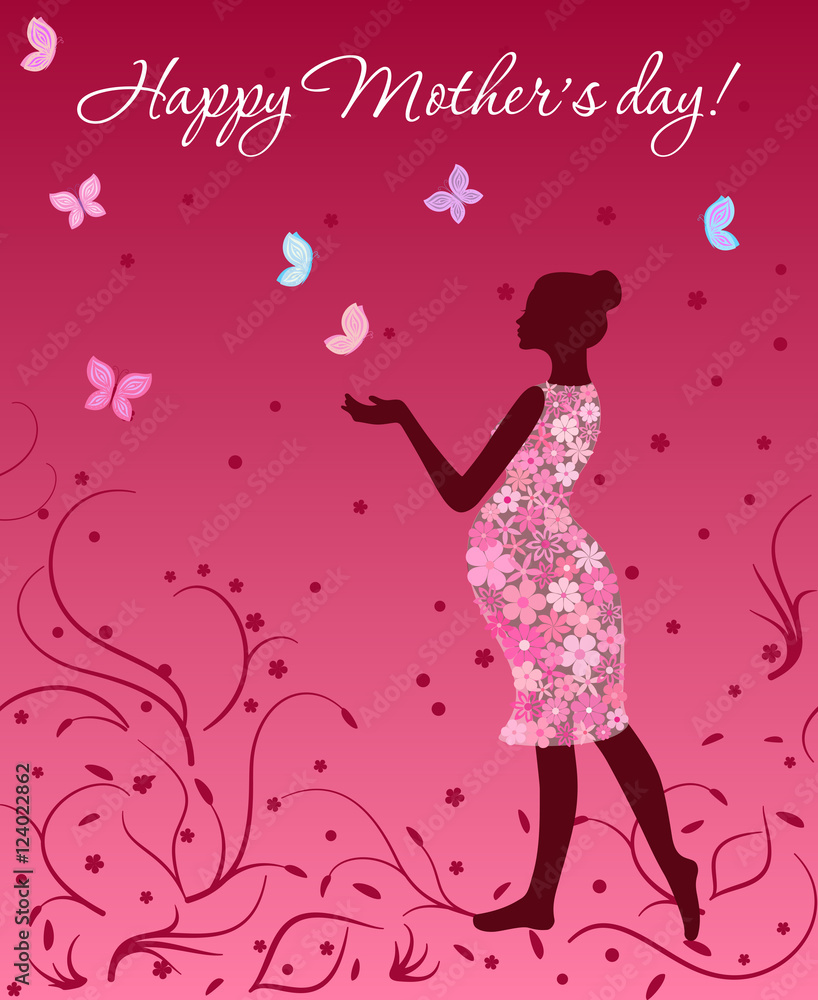 Mother's day card with pregnant woman in floral dress with butterflies on pink background