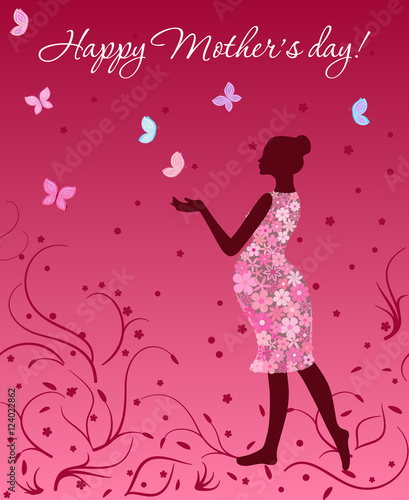 Mother's day card with pregnant woman in floral dress with butterflies on pink background