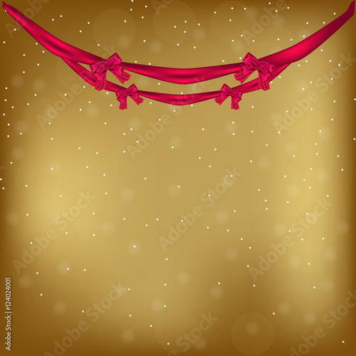 Golden Christmas and New Year Greeting card with  bows and  ribb