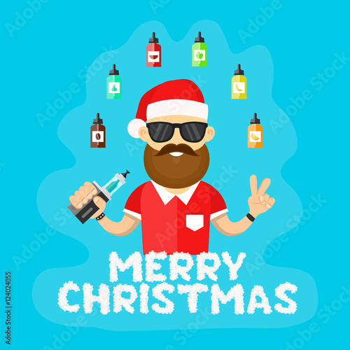 Young santa hipster men with vape. Flat vector illustration. vaping shop concept. Cloud letters. Merry christmas