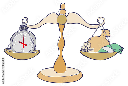 Time is money – Illustration of scales weighing up time against money 