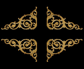 Ornament elements, vintage gold floral designs on black