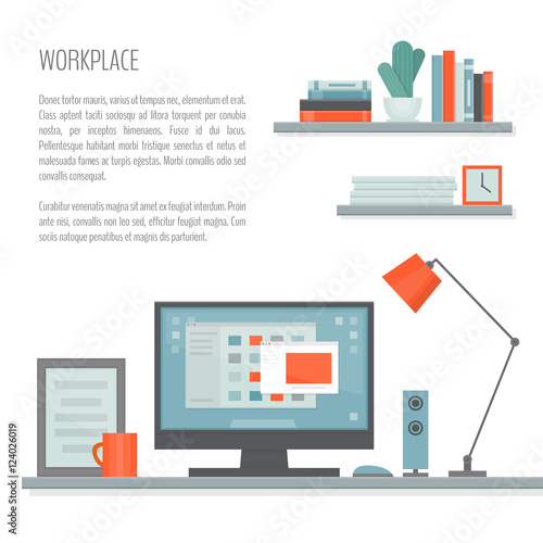 Workplace with desk, computer, shelves and equipment. Workspace.