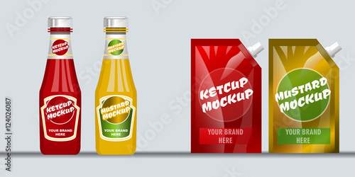 Digital vector red and brown ketchup and mustard plastic package and glass bottle mockup, ready for your logo and design, flat style