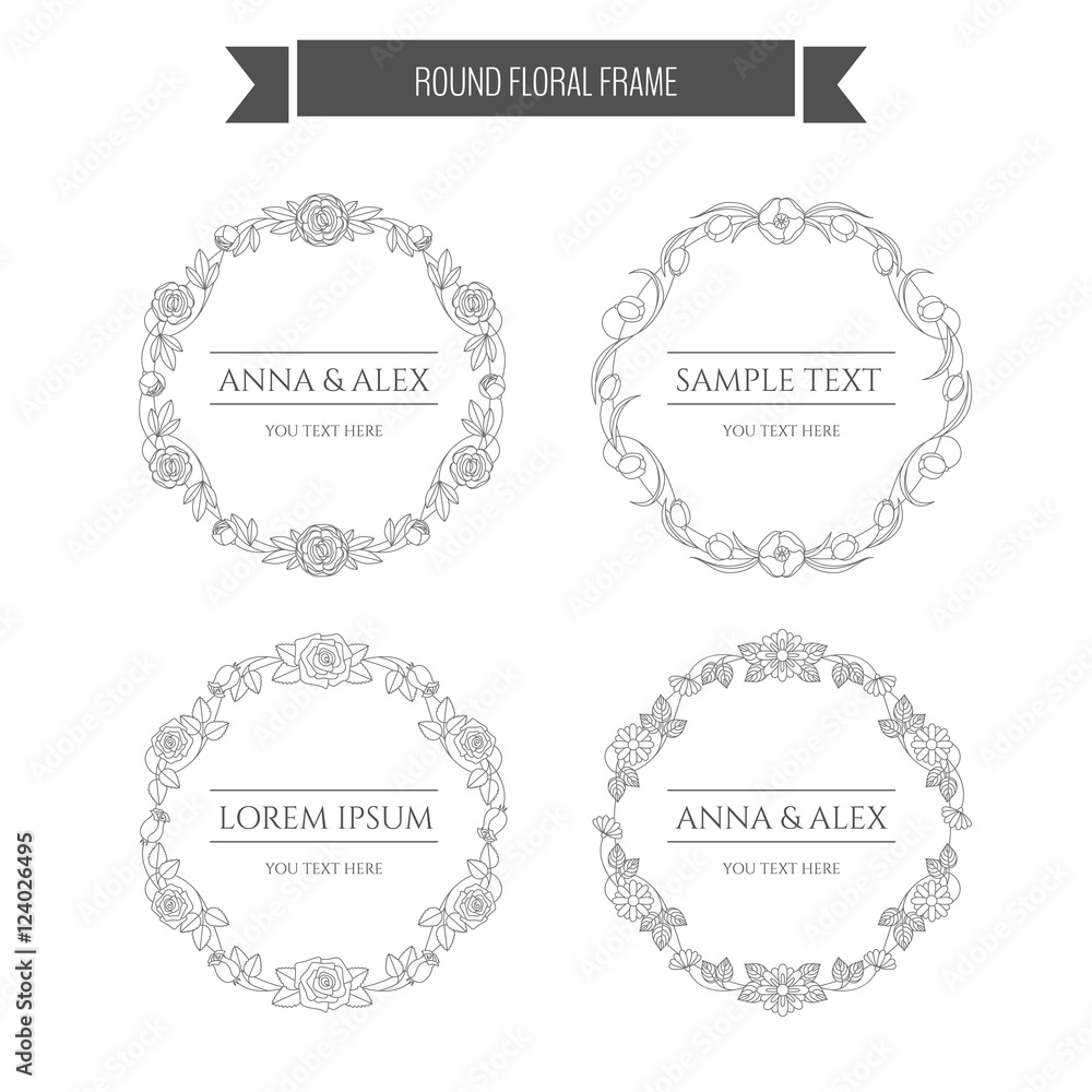 Vector floral wreath outline. Round frames of flowers, roses, peonies, daisy, tulips.