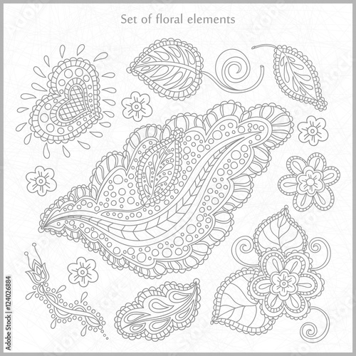 Drawn and stylized flowers  leaves  buds  blossoms. Large set of floral elements