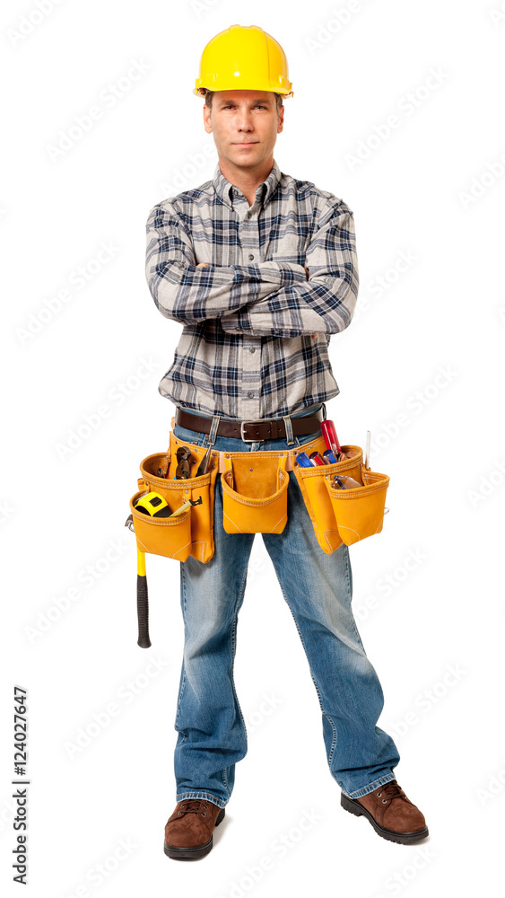 Full-length construction worker building contractor carpenter tradesman isolated on white background Full-length construction worker building contractor carpenter tradesman isolated on white background