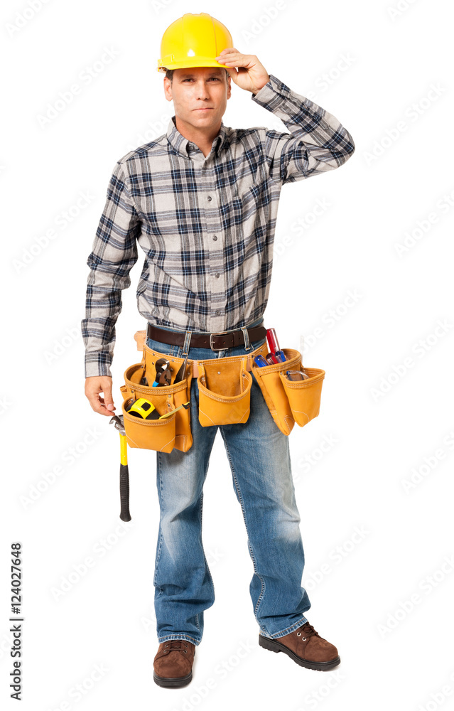 Full-length construction worker building contractor carpenter tradesman tipping hard hat isolated on white background Full-length construction worker building contractor carpenter tradesman tipping hard hat isolated on white background