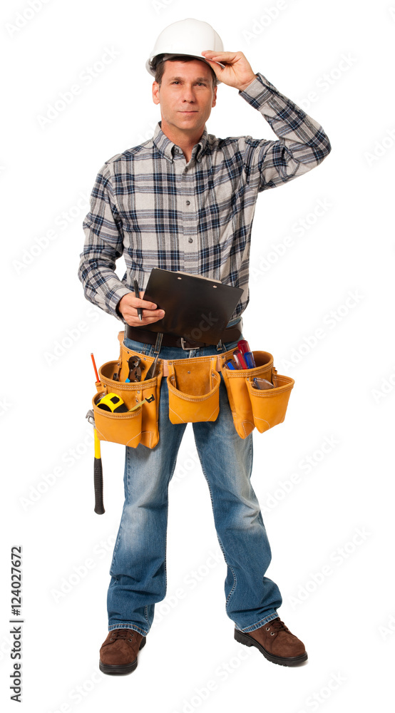Full-length construction worker building contractor carpenter tradesman tipping hard hat with clipboard isolated on white background Full-length construction worker building contractor carpenter tradesman tipping hard hat with clipboard isolated on white background